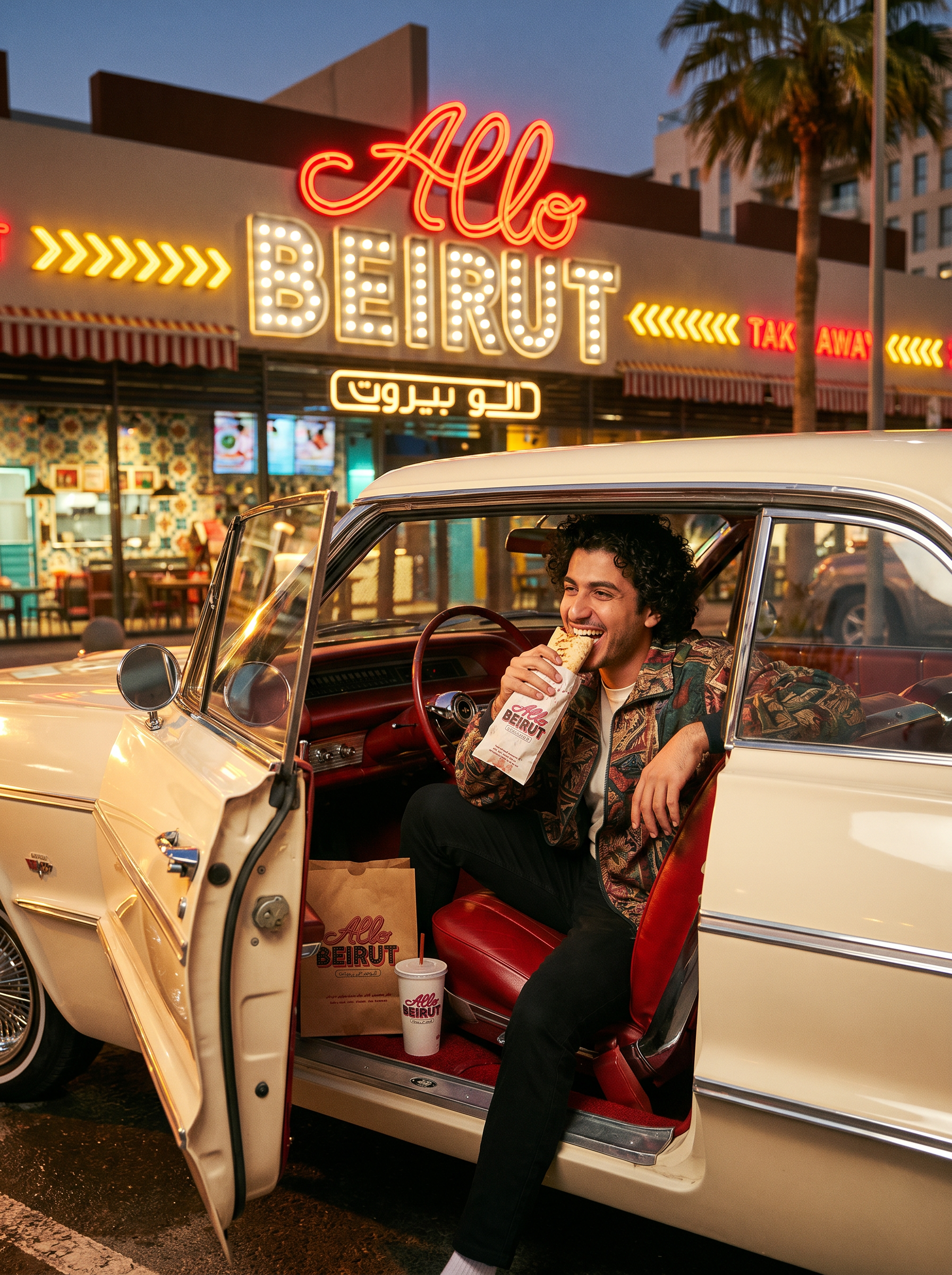 A guy enjoying a sandwich in a vintage cream car at night, under the glowing Allo Beirut neon sign