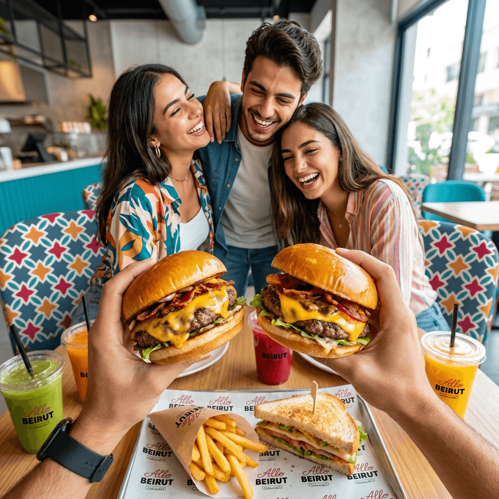 رفقة حلوة، برغر كبير، وولا ندم. هي الطاولة اللي بدك تكون عليها. 🍔❤️